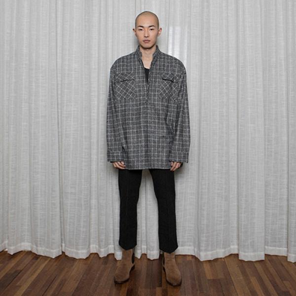 Wool Blend Half Zip Flannel Shirts Black
