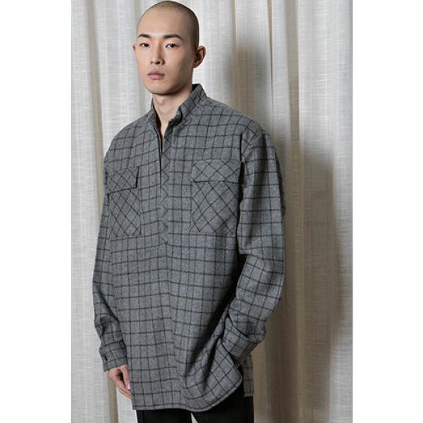 Wool Blend Half Zip Flannel Shirts Grey