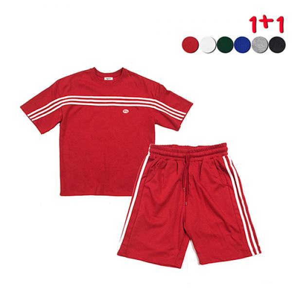 [1+1]Front Panel Striped T-shirt+Side Panel Striped Track Shorts(6color)(unisex)