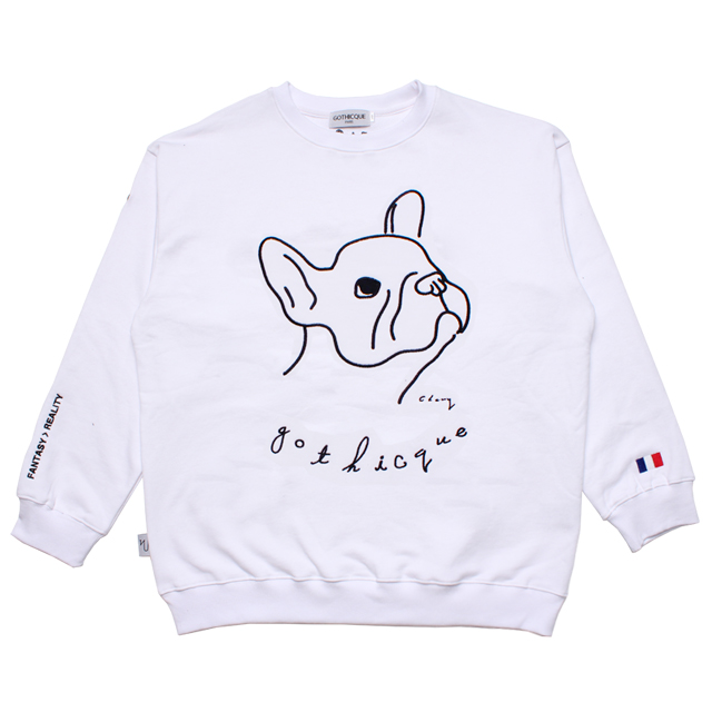 [ũ] GOTHICQUE - Bulldog face drawing sweatshirt (WHITE)  