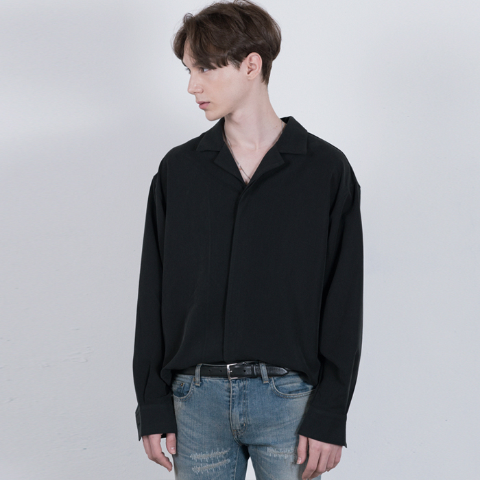 [iKON  ] BLACK Oversized Opencollar Silket Shirts