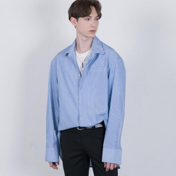 [  ] SKY BLUE Side Cutting Long Stripe Shirts