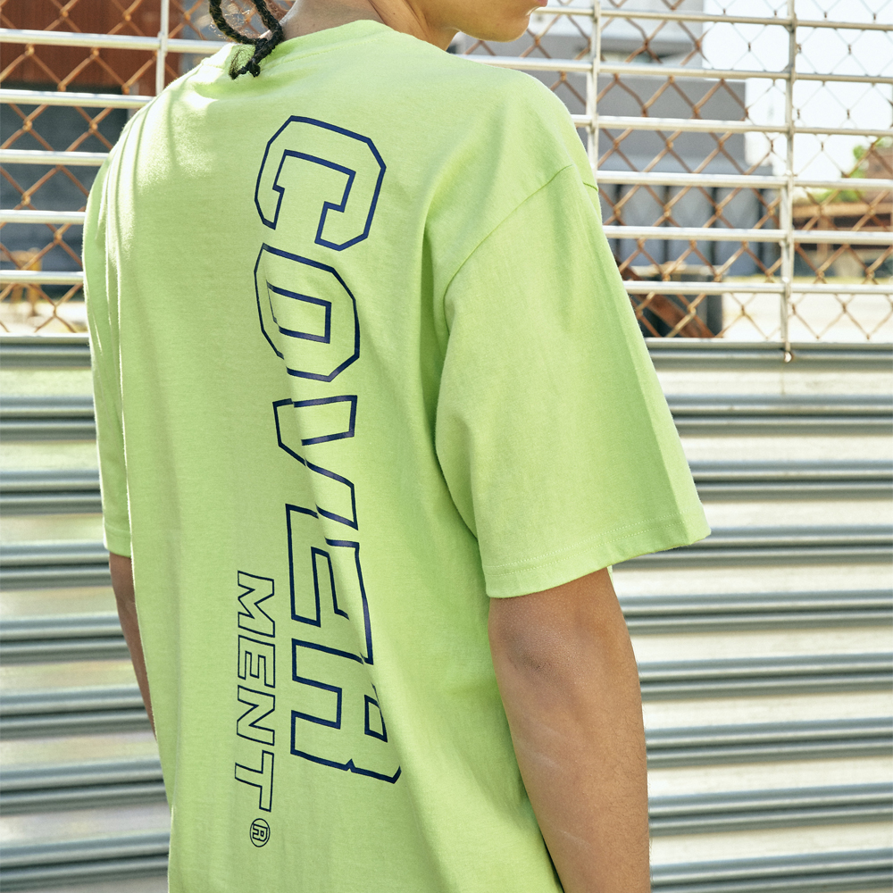 [COVERMENT]Side Vertical Big Logo Print Over-Fit T-Shirts_Neon Green(Blue)