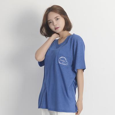(UNISEX) Linen Wave V-neck Short Sleeve T-Shirt (BLUE)