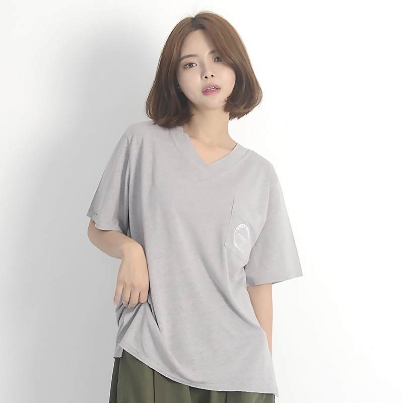 (UNISEX) Linen Wave V-neck Short Sleeve T-Shirt (GREY)