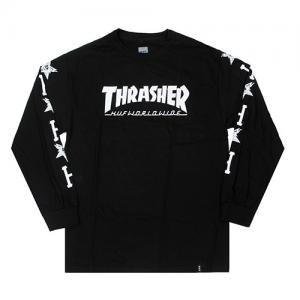 HUF X THRASHER COLLAB LOGO LS TEE-BLK