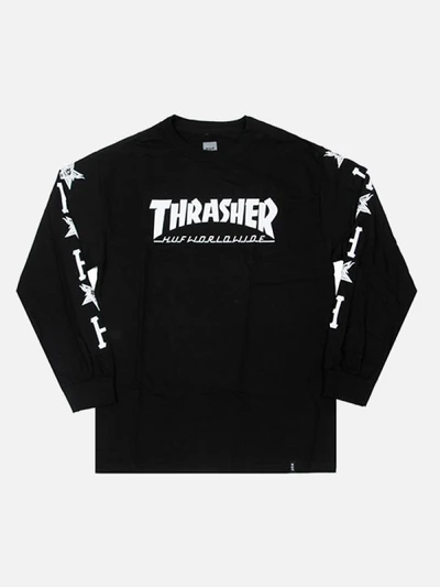 HUF X THRASHER COLLAB LOGO LS TEE-BLK