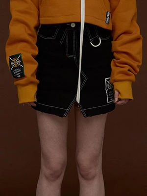 FUR LINING DENIM SKIRT_BLACK