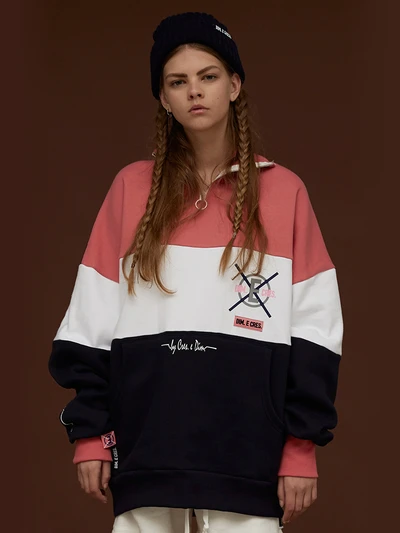 COLOR BLOCK NECK ZIP-UP_PINK