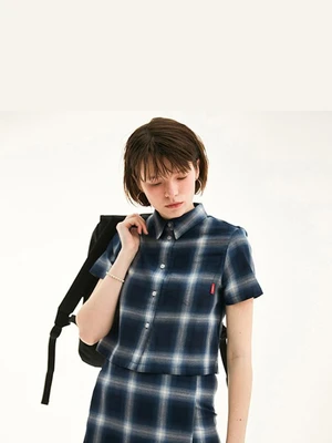 CROPPED CHECK SHIRT HS [NAVY]