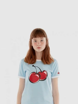 BIG CHERRY GLITTER RINGER T-SHIRT IH [BLUE]