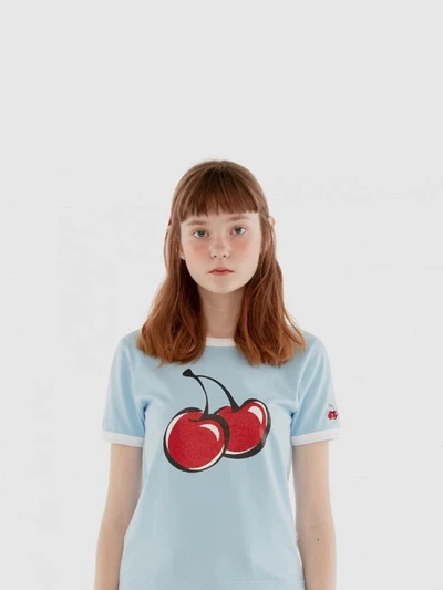 BIG CHERRY GLITTER RINGER T-SHIRT IH [BLUE]